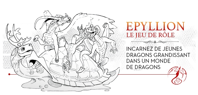 Epyllion - Le jeu de rôle - Incarnez des dragons grandissant dans un monde de dragon - L'illustration montre trois jeunes dragons en train de se chamailler sur le dos d'un animal ressemblant à une tortue, avec des bois de cerfs et un corps d'escargot.
